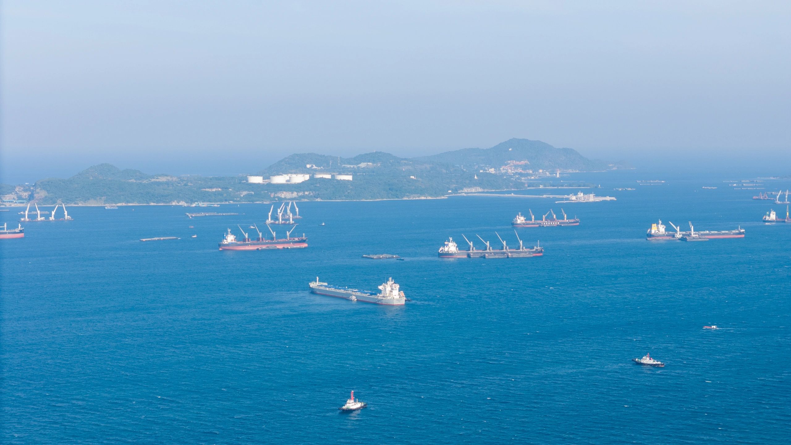 Commercial cargo ships and oil tankers near coastal storage facilities